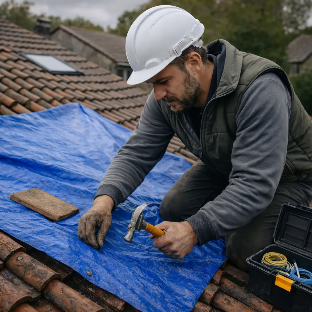 couvreur installant une bache de protection sur une toiture en urgence a Medis<br />
