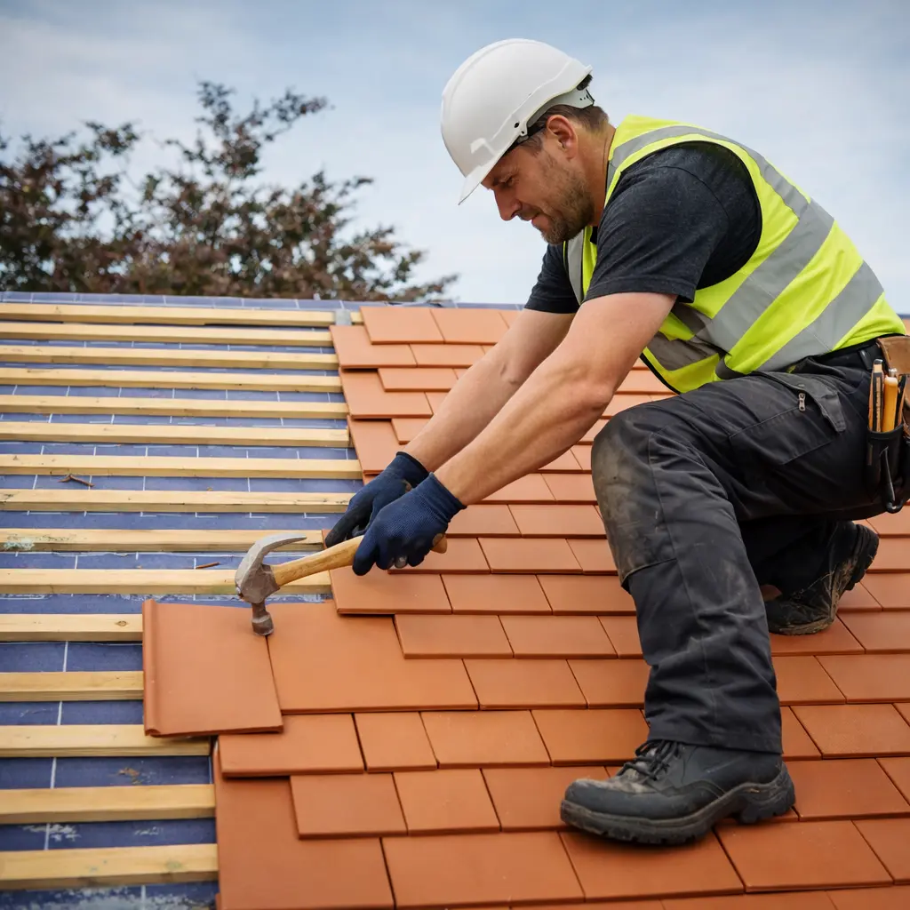 Couvreur Charente posant des tuiles en terre cuite sur un toit en rénovation avec marteau et équipement de sécurité