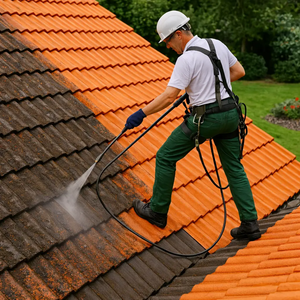 couvreur effectuant un demoussage de toiture avec nettoyage haute pression a Medis<br />
