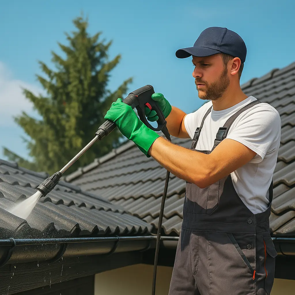 artisan realisant un nettoyage de toiture avec un jet controle sur des tuiles a Chateaubernard<br />

