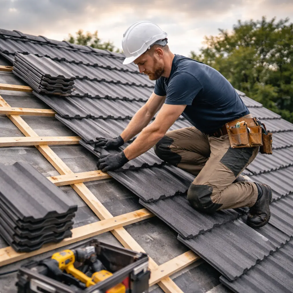 couvreur installant des tuiles plates sur une toiture en construction a Saujon<br />
