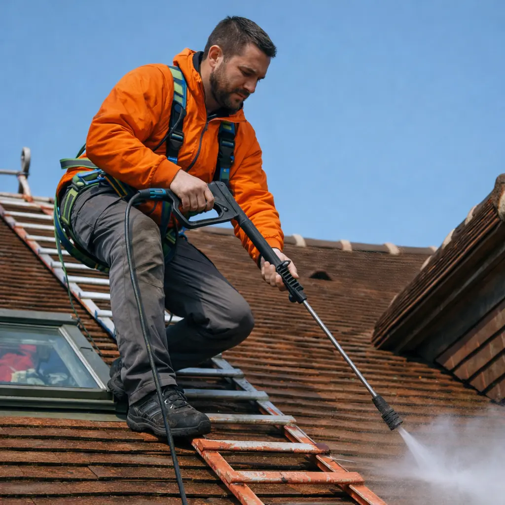 couvreur nettoyant une toiture avec nettoyeur haute pression autour d un velux a Saujon<br />
