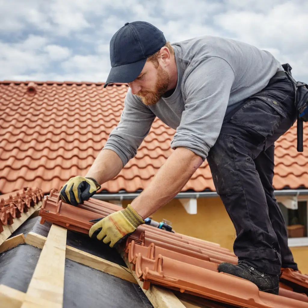 Couvreur posant des tuiles sur une toiture en rénovation à Cognac