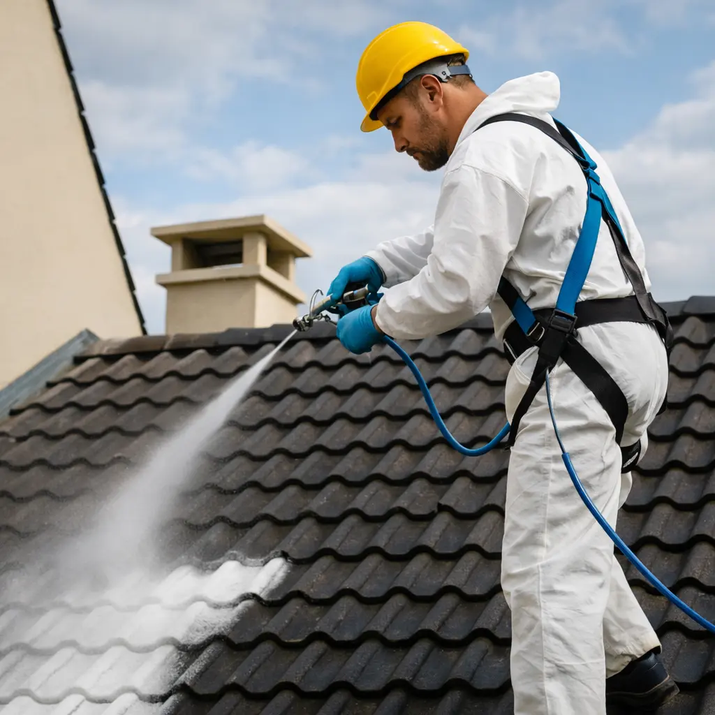 couvreur appliquant un traitement hydrofuge sur une toiture en tuiles a Le Gua<br />
