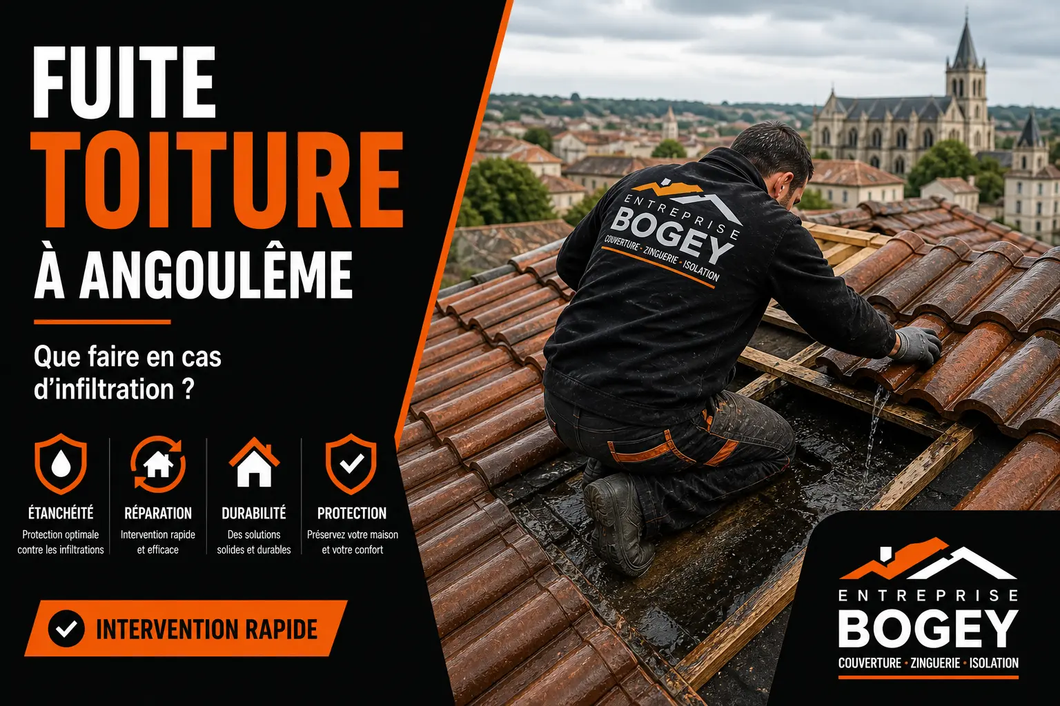 fuite toiture Angoulême entreprise Bogey infiltration réparation toiture Charente