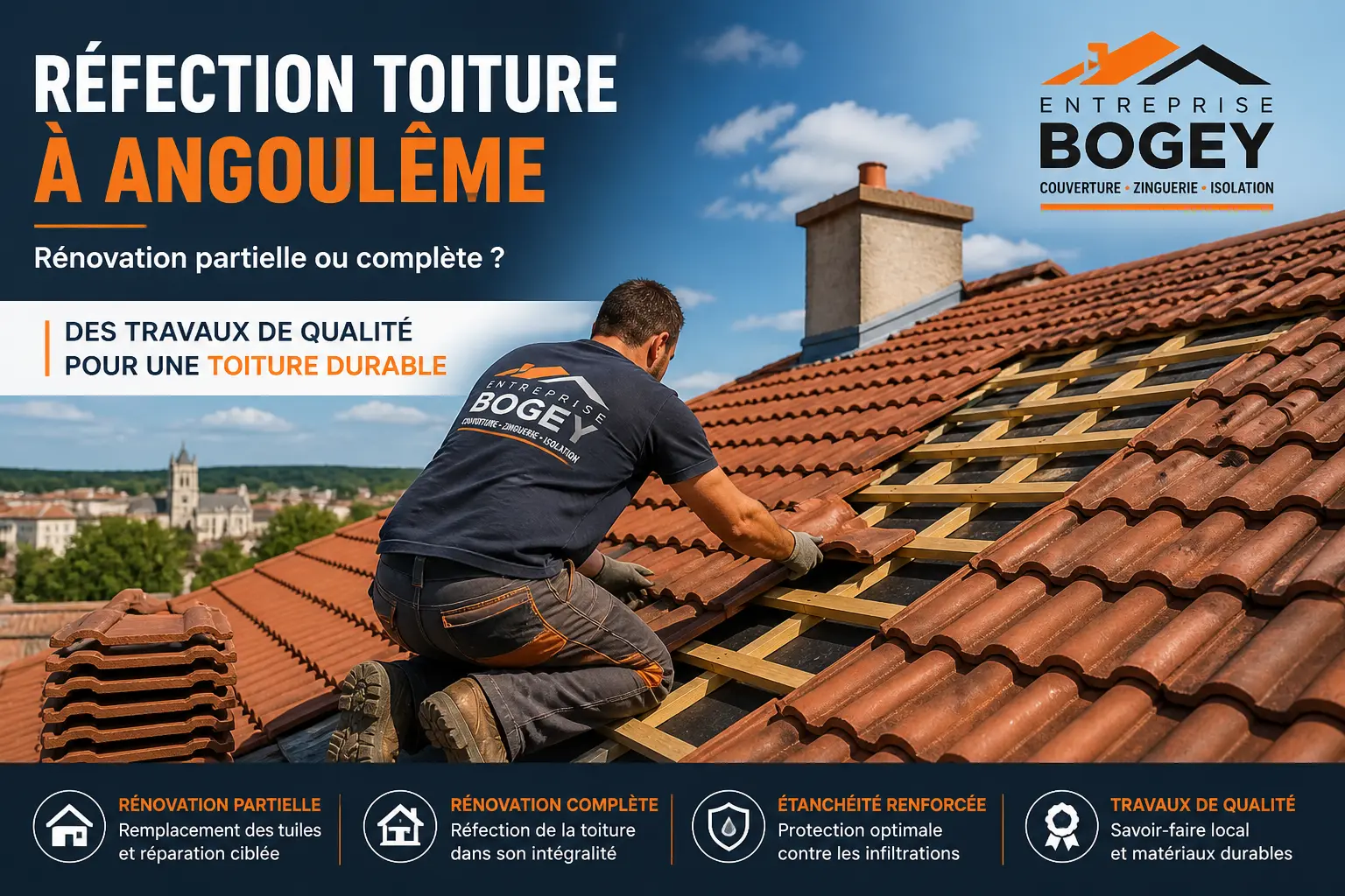 réfection toiture Angoulême entreprise Bogey rénovation toiture Charente remplacement tuiles
