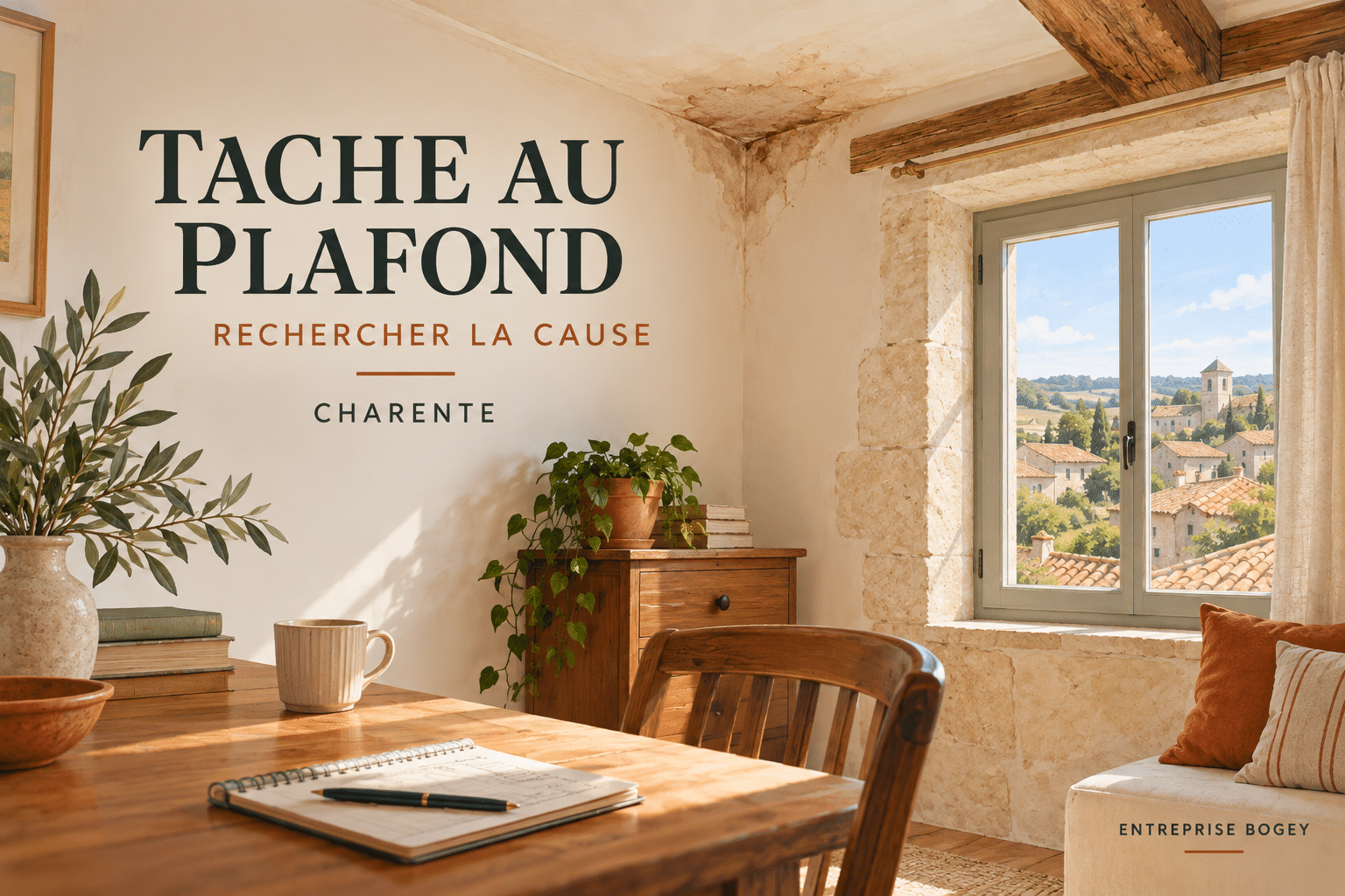 Illustration d’une trace d’humidité au plafond dans une maison charentaise.