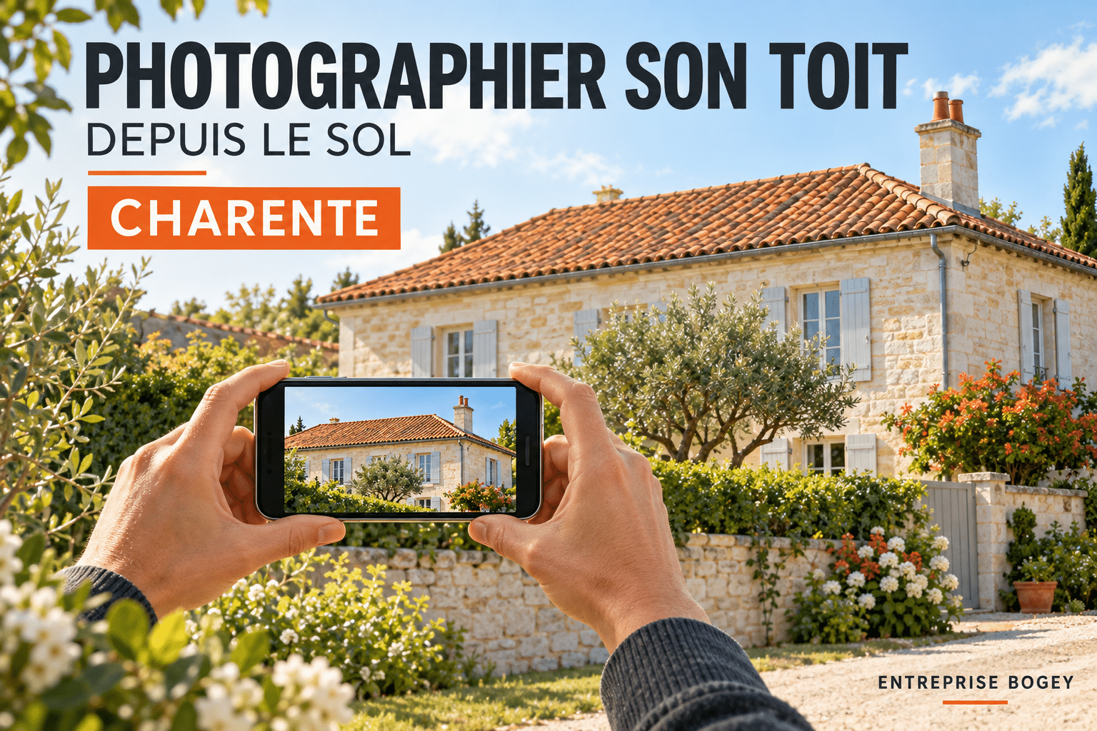 Illustration d’une toiture charentaise photographiée au smartphone depuis le sol.