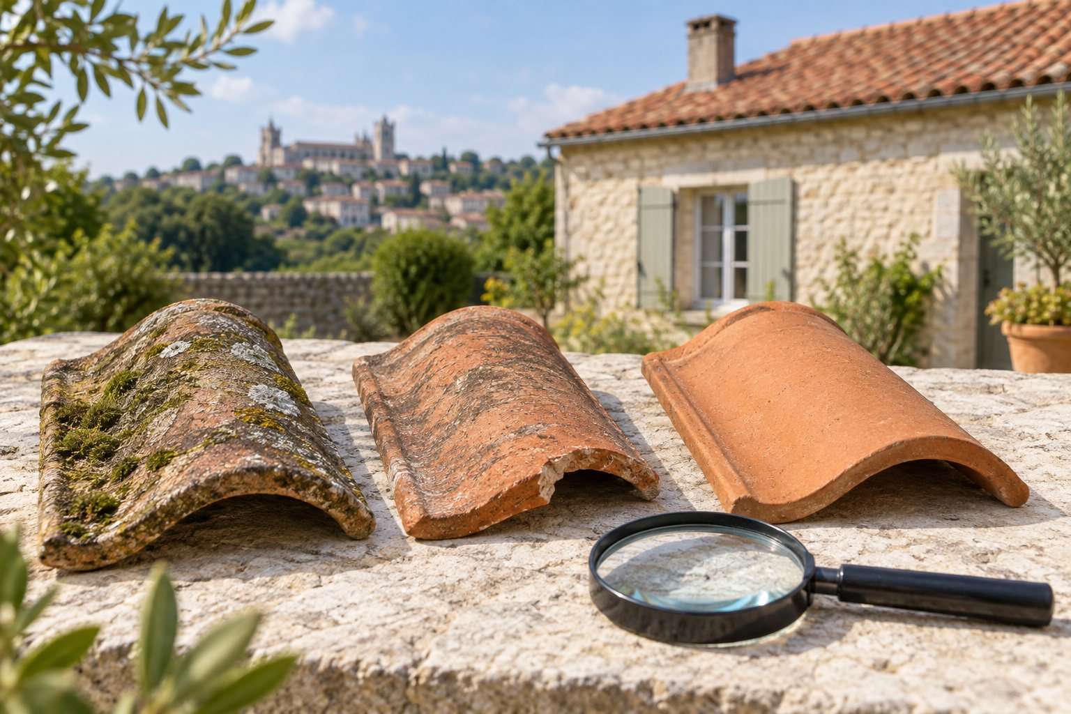 Trois tuiles en terre cuite, dont une moussue et une ébréchée, posées sur une table en pierre près d’une loupe.