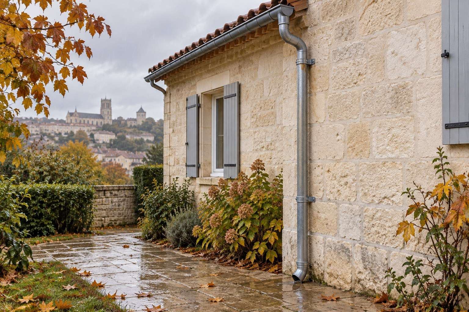 Illustration d’une descente métallique sur une façade en pierre, avec un dallage mouillé au pied du tuyau.