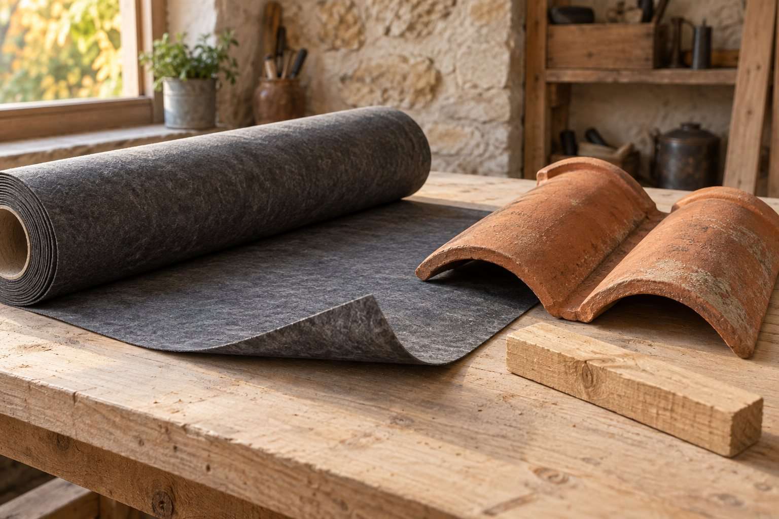 Rouleau de membrane grise partiellement déroulé, deux tuiles courbes en terre cuite et un morceau de bois sur un établi.