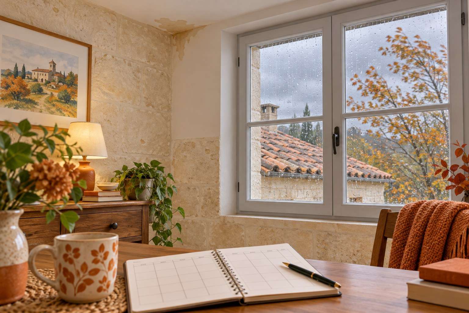 Illustration d’une trace au plafond près d’une fenêtre fermée, avec pluie à l’extérieur et carnet d’observation sur un bureau.