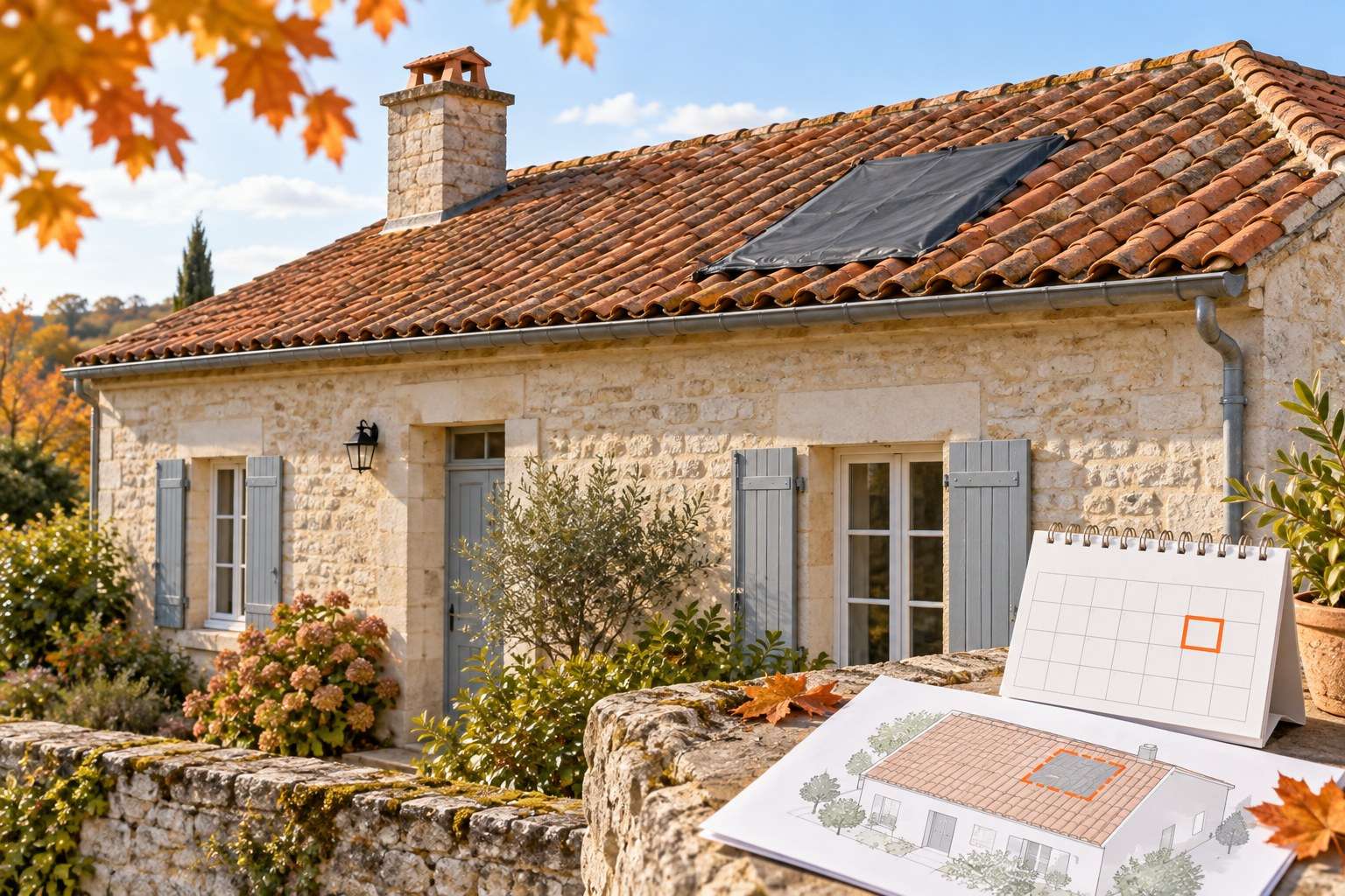 Illustration d’une maison avec une protection localisée sur le toit, accompagnée d’un calendrier et d’un plan.