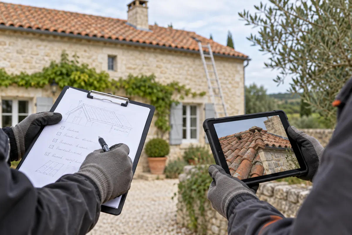 Illustration d’un bilan d’inspection de toiture présenté depuis le sol.