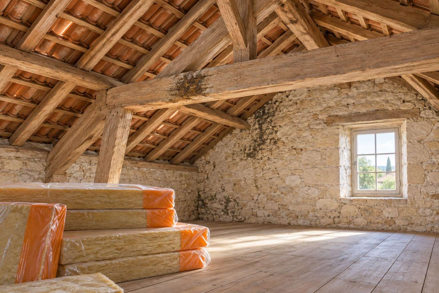 Charpente apparente dans des combles, marques sombres sur certains bois et paquets d’isolant encore emballés.