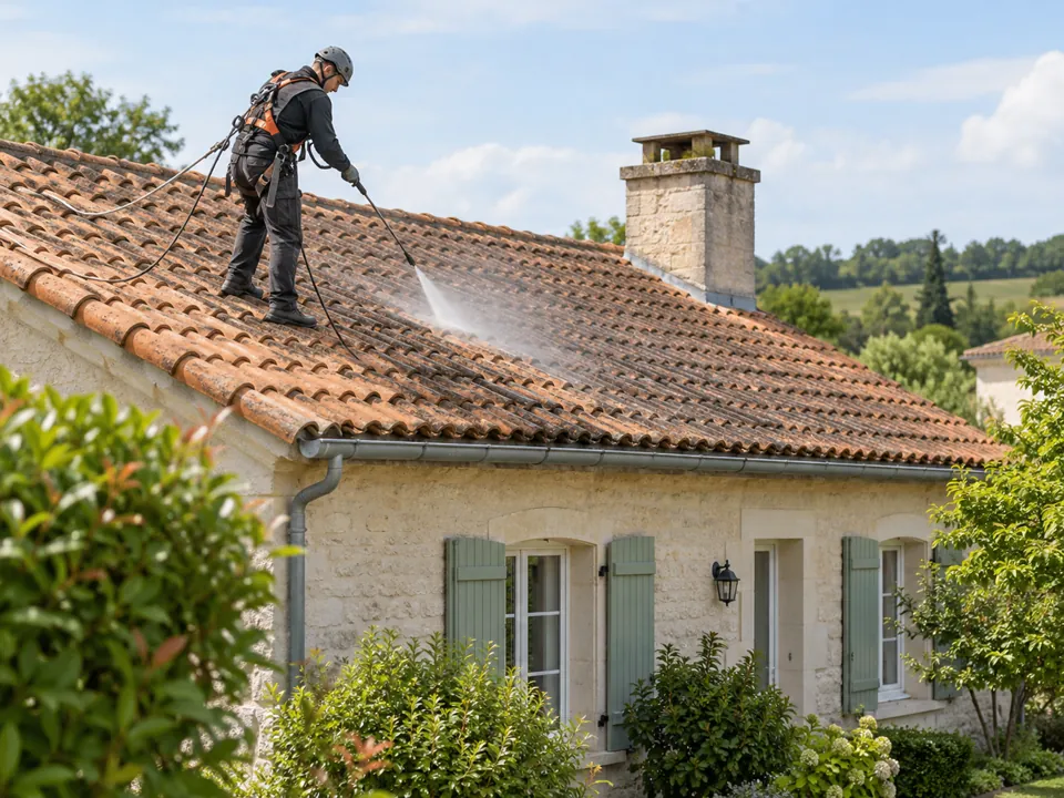 Illustration : nettoyage contrôlé d’une toiture en tuiles — page couvreur à Barbezieux.
