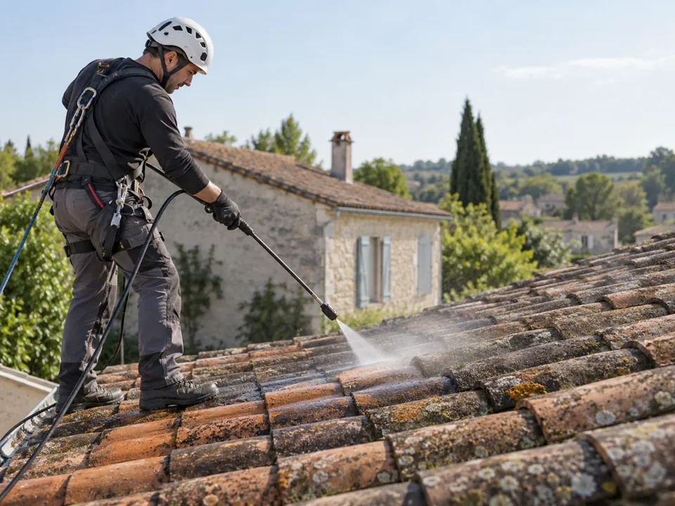 Illustration : nettoyage contrôlé d’une toiture en tuiles — page couvreur à Ruffec.