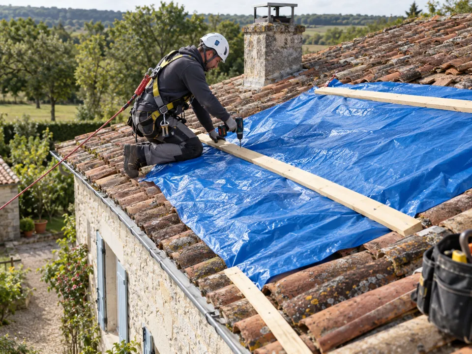 Une protection provisoire du toit à La Couronne Illustration pour La Couronne : Une protection provisoire du toit à La Couronne.