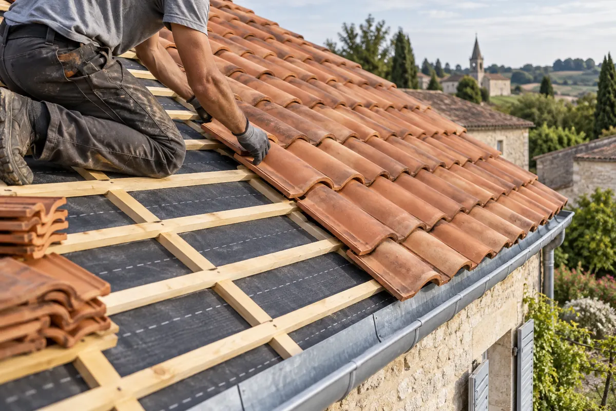 Illustration de la pose de tuiles sur des liteaux et un écran de sous-toiture.