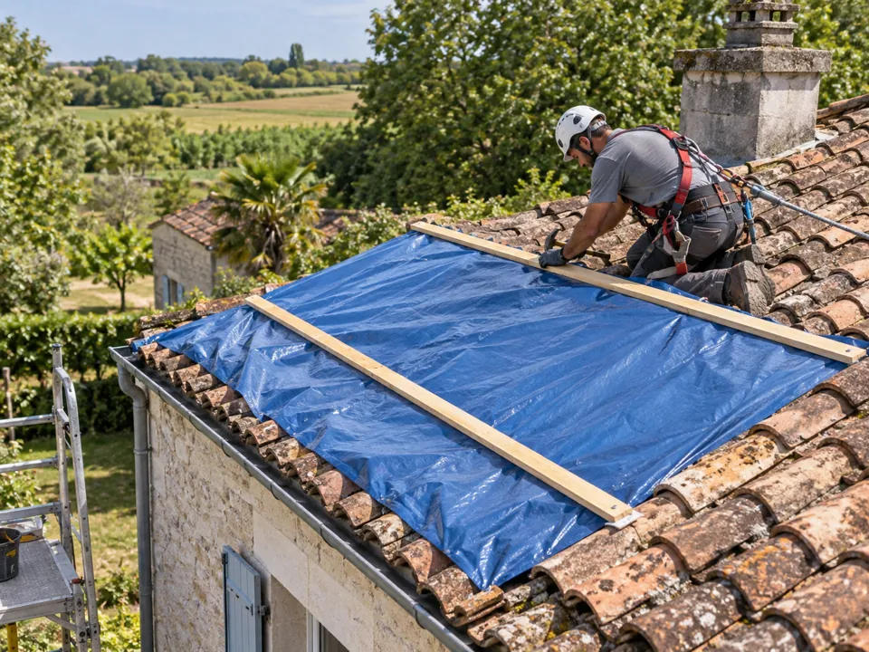 Illustration pour Chaillevette : Protéger provisoirement une couverture à Chaillevette.