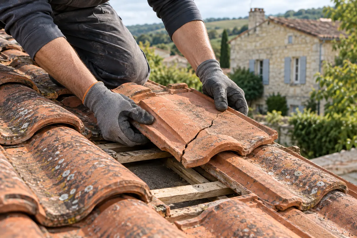 Illustration du remplacement d’une tuile endommagée sur une toiture.
