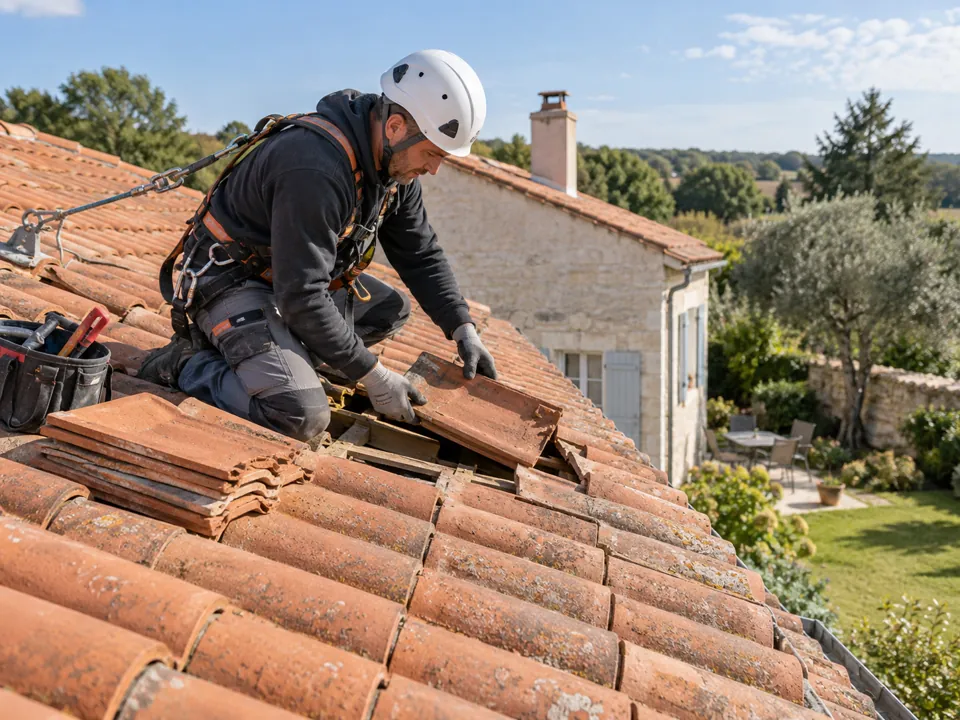 Illustration pour Chalais : Une réparation ciblée des tuiles à Chalais.