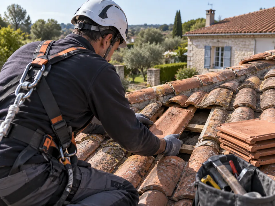 À Chasseneuil-sur-Bonnieure, remplacer les tuiles défectueuses Illustration pour Chasseneuil-sur-Bonnieure : À Chasseneuil-sur-Bonnieure, remplacer les tuiles défectueuses.