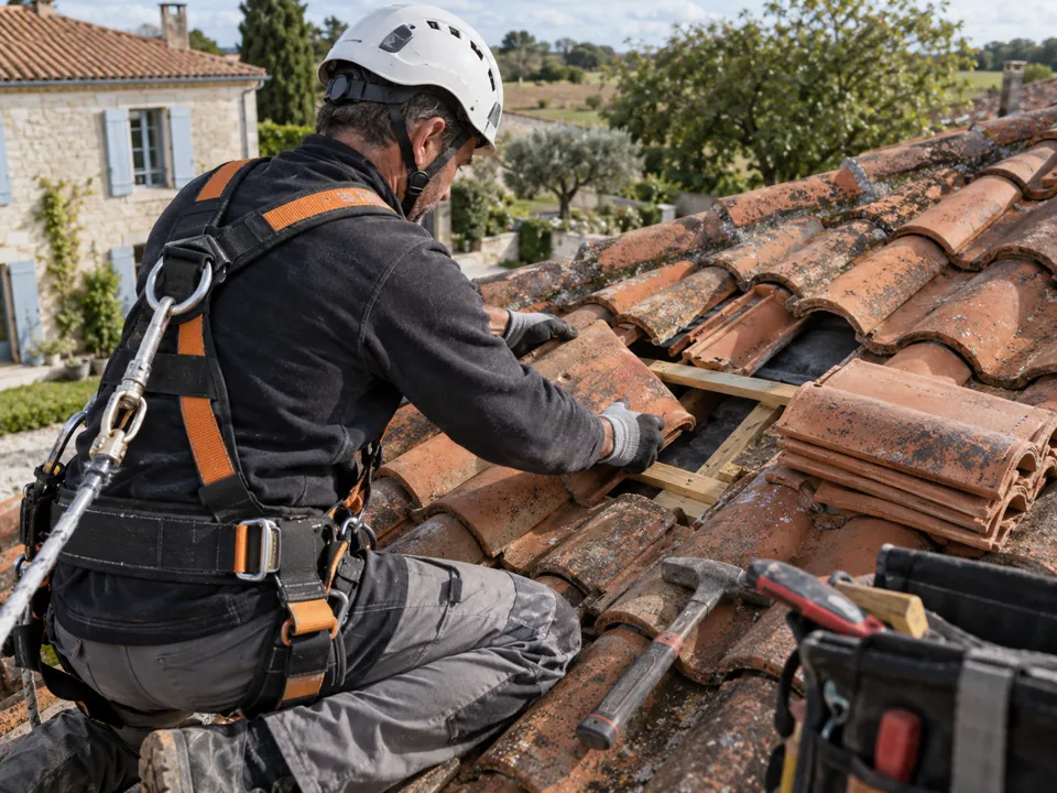 Illustration pour Mansle : À Mansle, cibler les tuiles qui demandent une réparation.