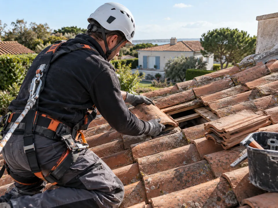 Illustration pour Saint-Sulpice-de-Royan : Une réparation de tuiles ciblée à Saint-Sulpice-de-Royan.